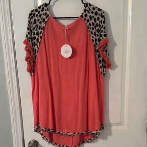 Umgee Vibrant Coral Leopard Accent Women's blouse